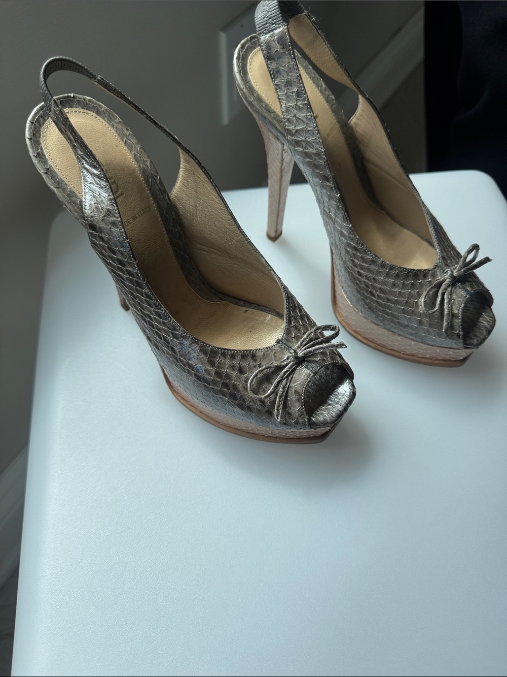 Fendi Metallic Silver Python-Embossed Peep-Toe Platform Slingbacks - Picture 3 of 5